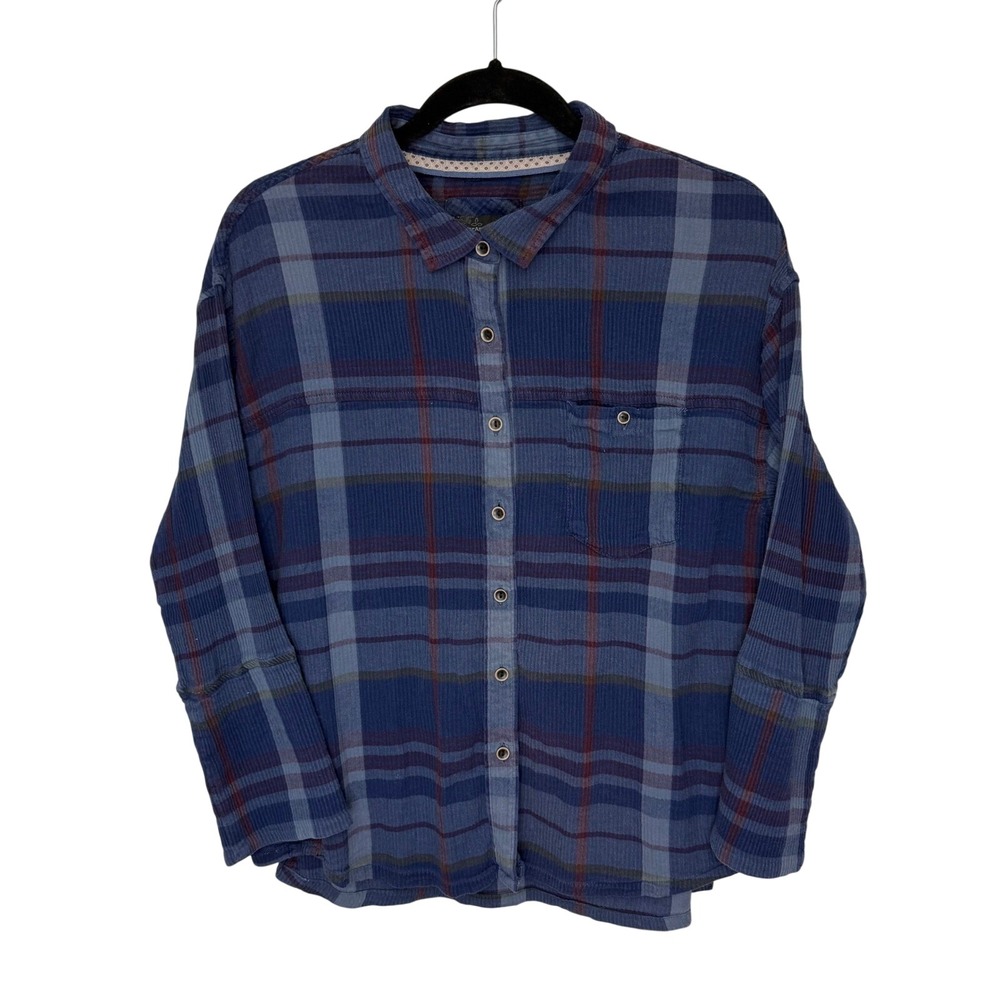 Prana Womens Fillary Blue Plaid Button Down 3/4 Bell Sleeve Shirt Organic Cotton